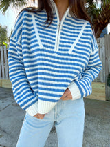 Prep Girl Blue Striped Half Zip Up