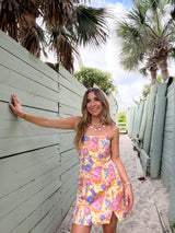 Golden Petal Jacquard Strapless Mini Dress
