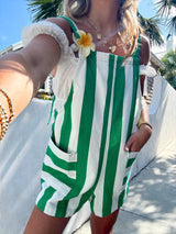 Summer Girl Striped Denim Romper - Green