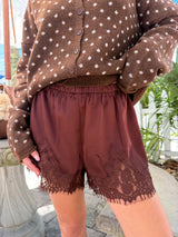Made You Blush Satin Lace Shorts - Brown