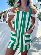 Summer Girl Striped Denim Romper - Green