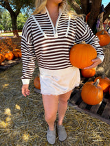 Prep Girl Striped 1/4 Zip Up - Brown