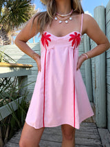 Keep Palm Embroidered Pink Linen Mini Dress