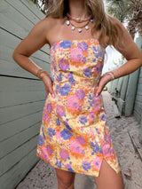 Golden Petal Jacquard Strapless Mini Dress