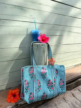 Sunhoney Quilted Tote Bag - Blue Striped