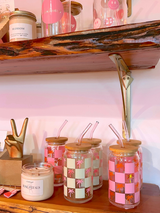 Keep Palm Checkered Glass Cup - Pink/Matcha
