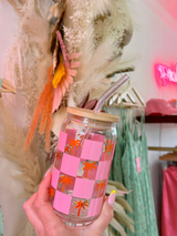 Keep Palm Checkered Glass Cup - Pink/Orange