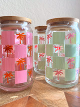 Keep Palm Checkered Glass Cup - Pink/Matcha