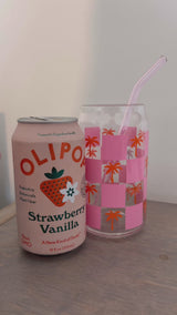 Keep Palm Checkered Glass Cup - Pink/Orange