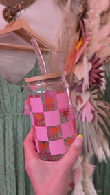 Keep Palm Checkered Glass Cup - Pink/Orange