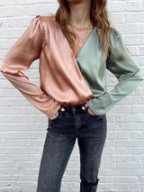 womens colorblock long sleeve satin bodysuit