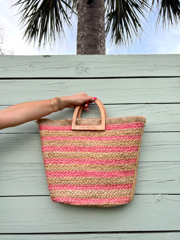 Beach Trip Pink Striped Straw Bag