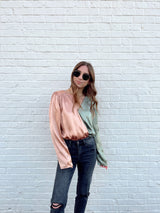 womens colorblock long sleeve satin bodysuit