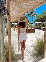 womens biege smocked crop top