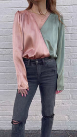 womens colorblock long sleeve satin bodysuit