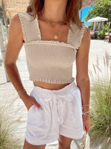 womens beige smocked crop top