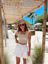 womens beige smocked top