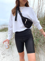 womens foiled black biker shorts