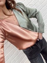 womens colorblock long sleeve satin bodysuit