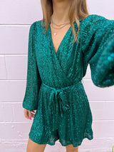 womens emerald green sequin romper