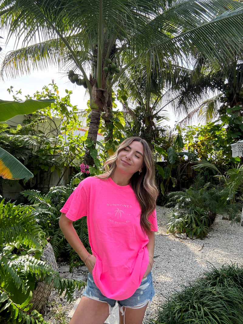 Sunhoney Summer Embroidered T-shirt - Neon Pink