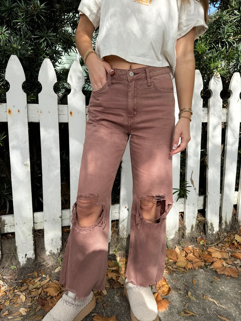 Mocha Distressed Cropped Denim Jeans