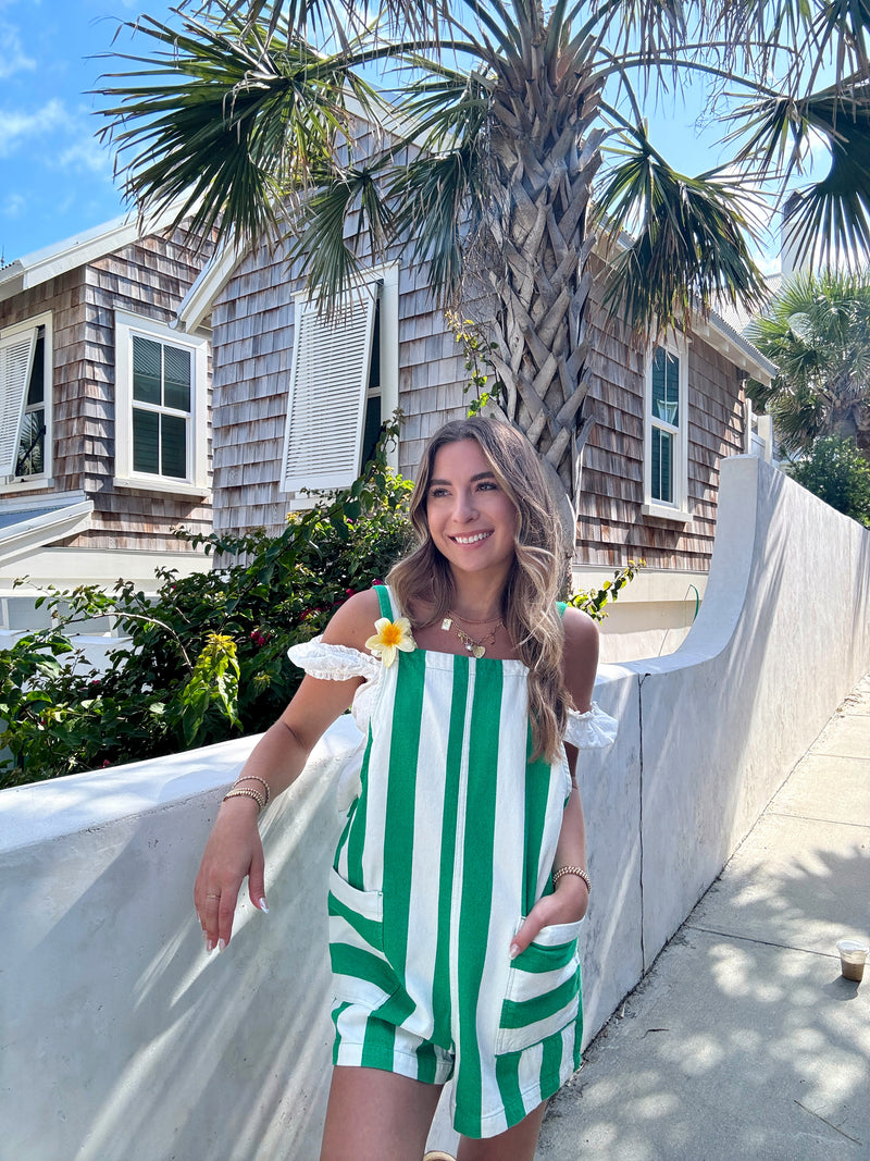 Summer Girl Striped Denim Romper - Green