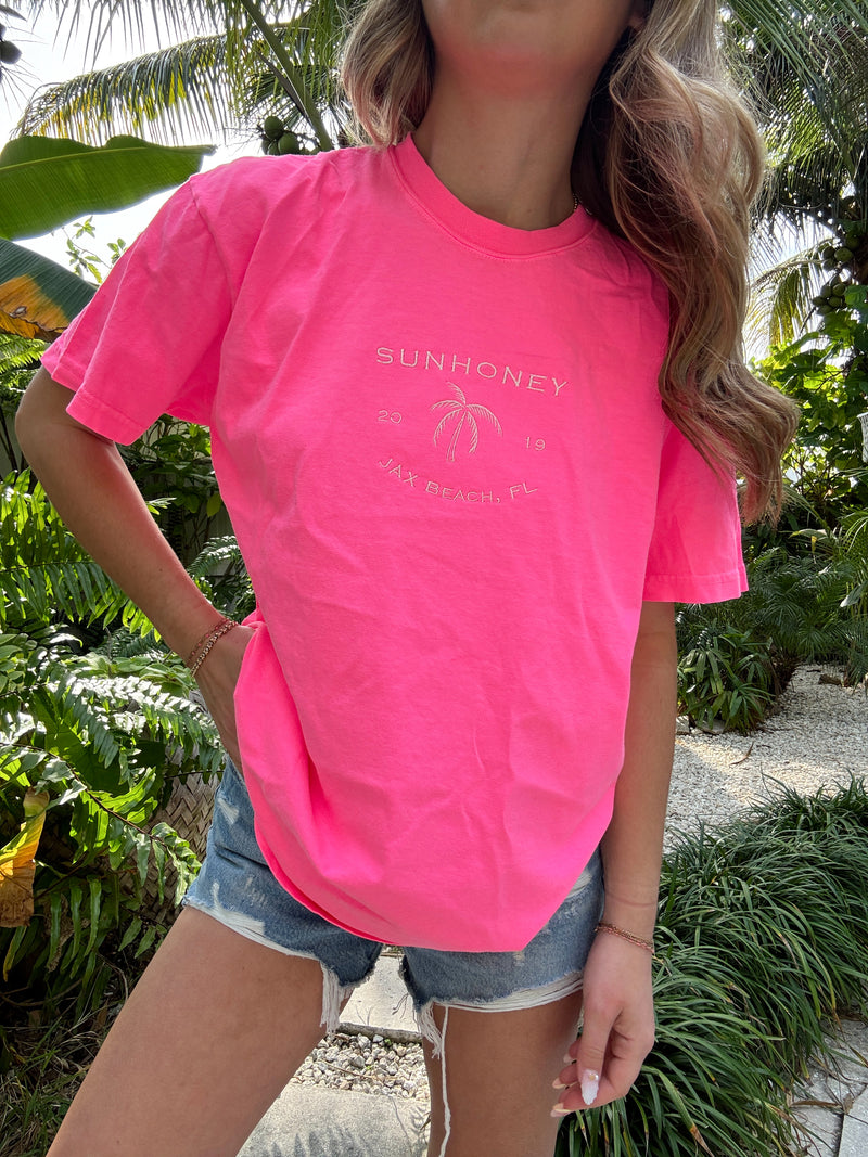 Sunhoney Summer Embroidered T-shirt - Neon Pink