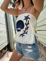 Shore Thing Embroidered Shell Linen Top