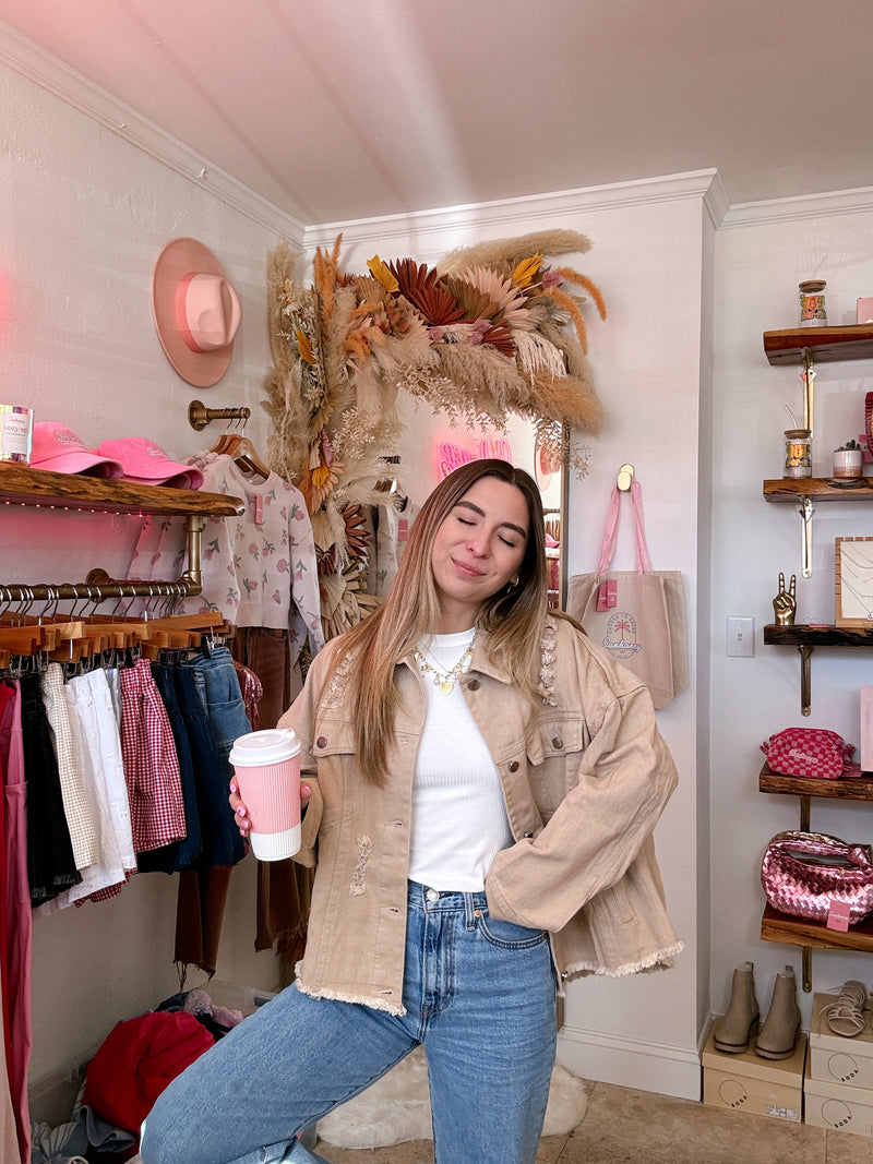 Cool Girl Taupe Distressed Denim Jacket