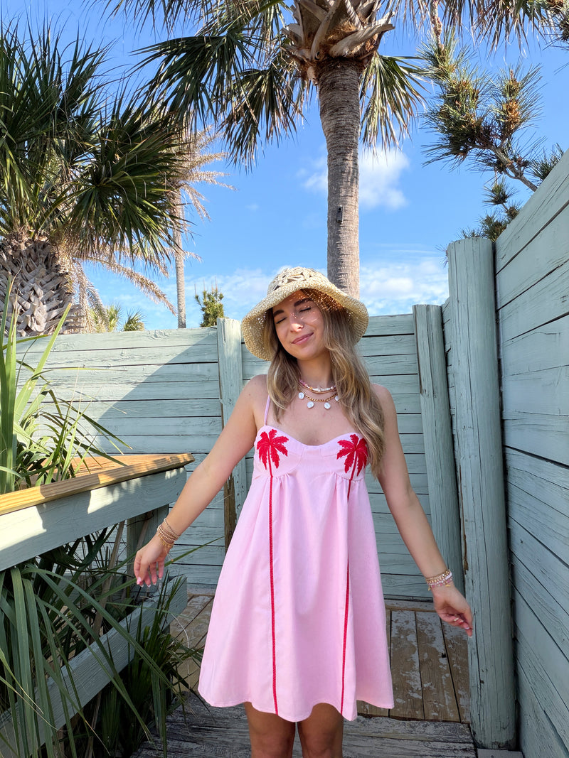 Keep Palm Embroidered Pink Linen Mini Dress