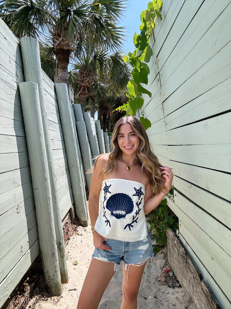 Shore Thing Embroidered Shell Linen Top