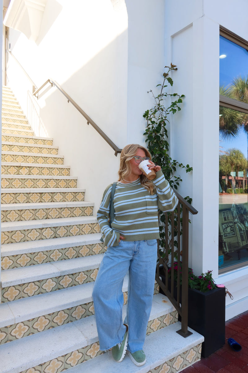 Matcha Please Green & Blue Stripe Sweater