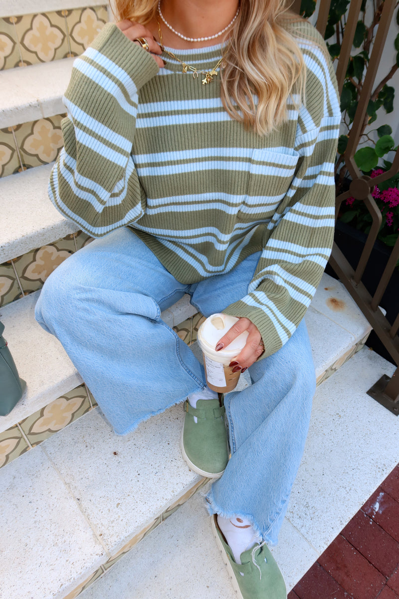 Matcha Please Green & Blue Stripe Sweater