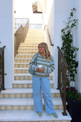 Matcha Please Green & Blue Stripe Sweater