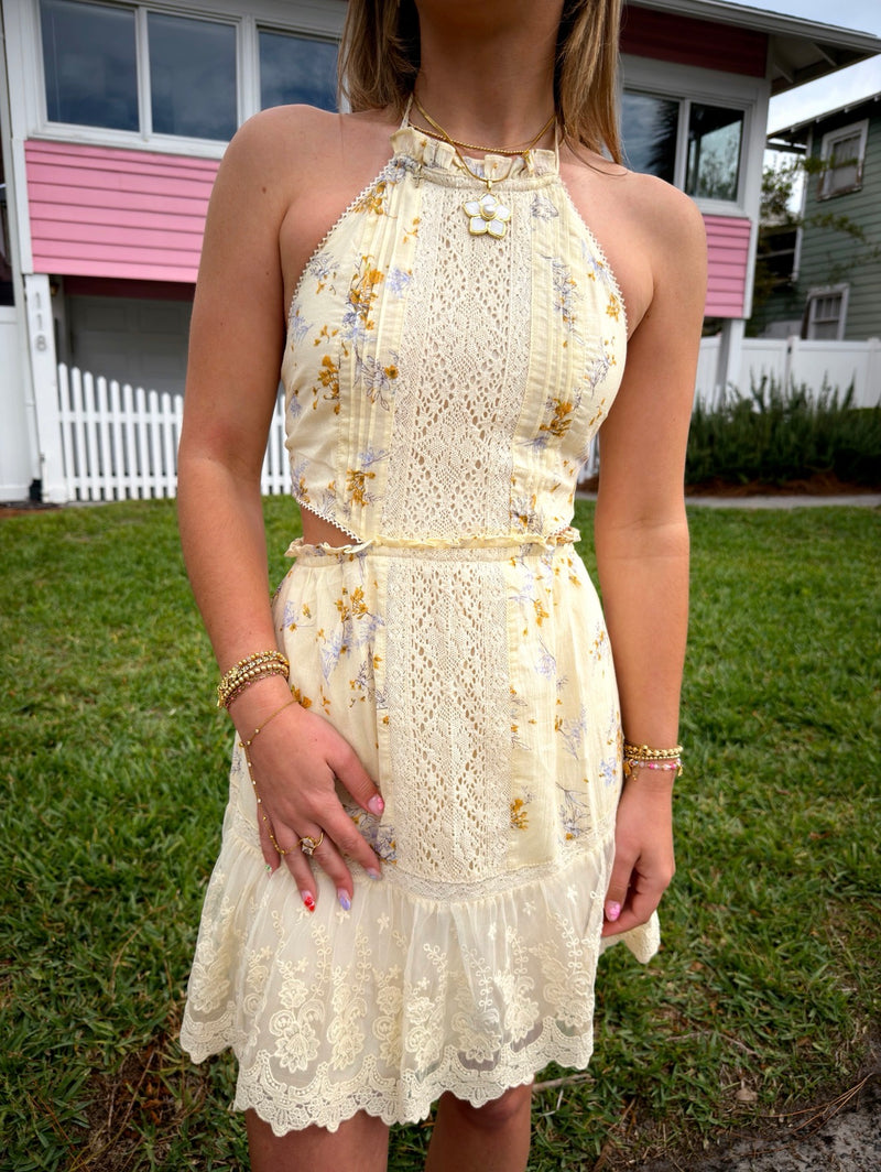 floral cutout mini dress Honey Bloom Cut Out neck silhouette — made Overcoat Chest Size in Inches:-:54 little_pony_cosplay Sleeveless Linen Blend Fit