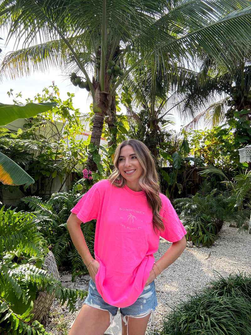 Sunhoney Summer Embroidered T-shirt - Neon Pink