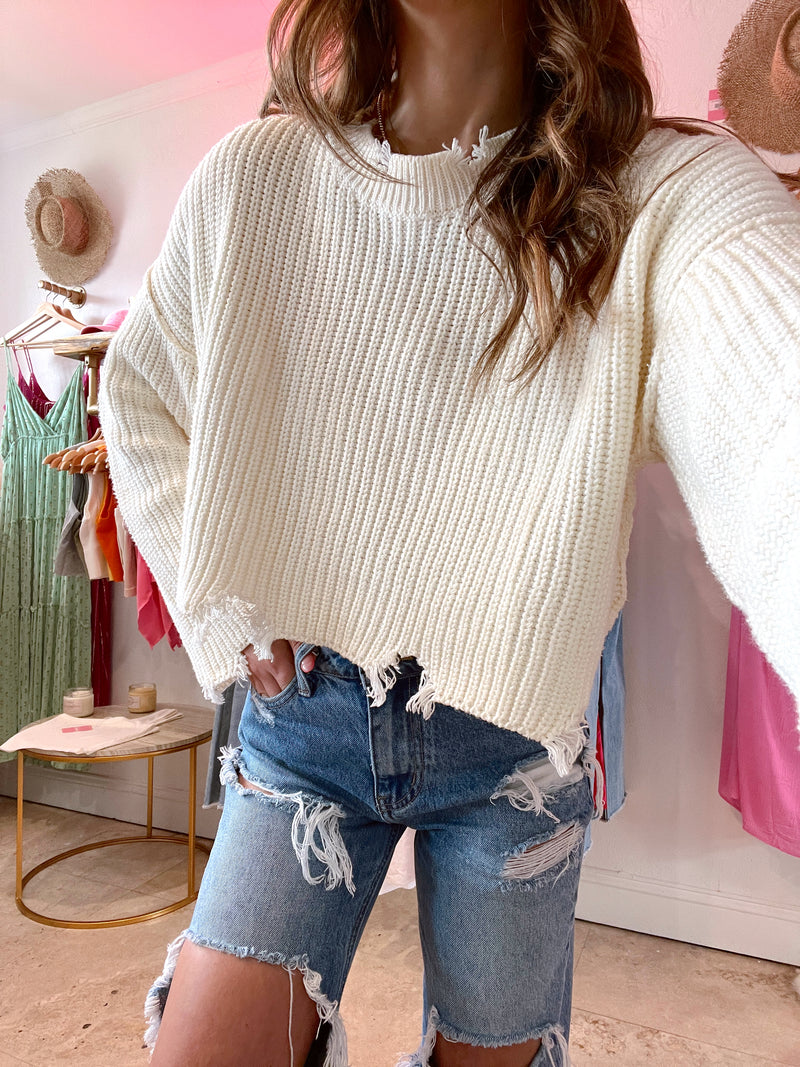 Fall Feels Ivory Distressed Sweater