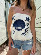 Shore Thing Embroidered Shell Linen Top