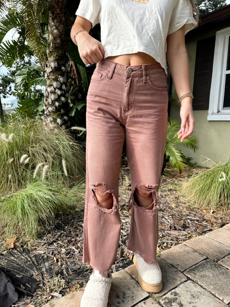 Mocha Distressed Cropped Denim Jeans