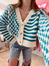 Teal City Checkered Cardigan