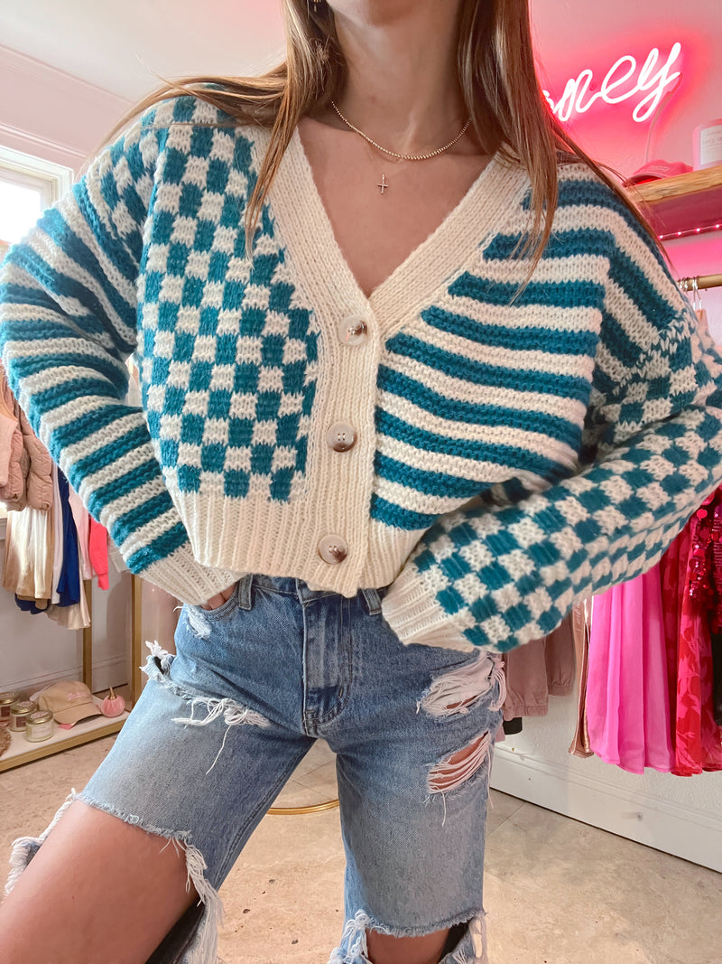 Teal City Checkered Cardigan