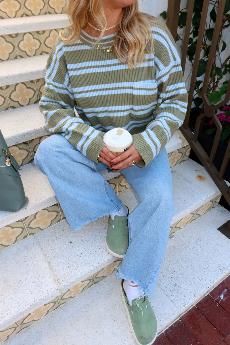 Matcha Please Green & Blue Stripe Sweater