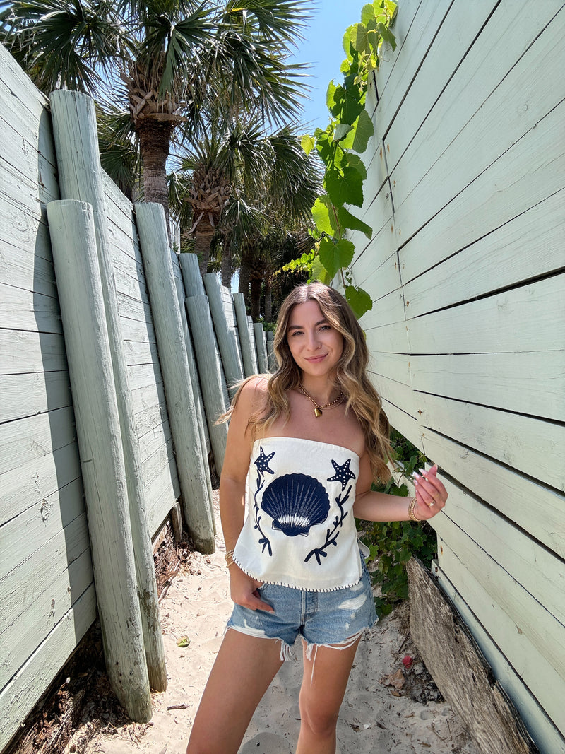 Shore Thing Embroidered Shell Linen Top