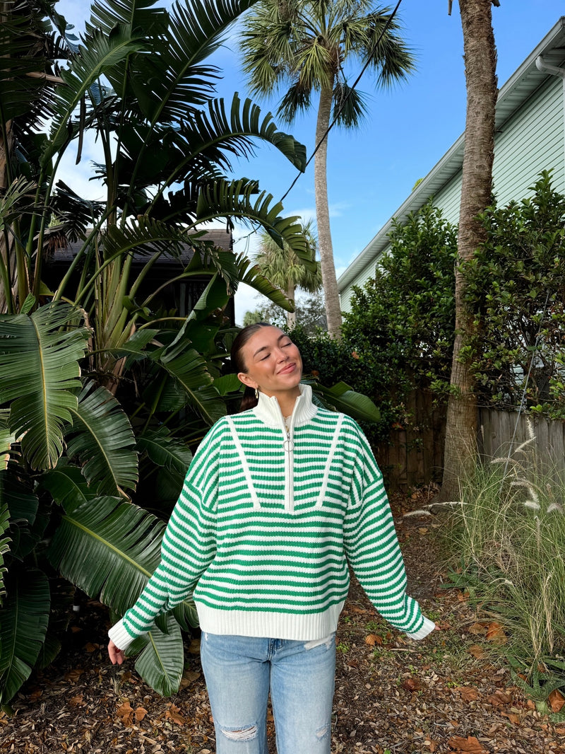 Prep Girl Green Striped Half Zip Up