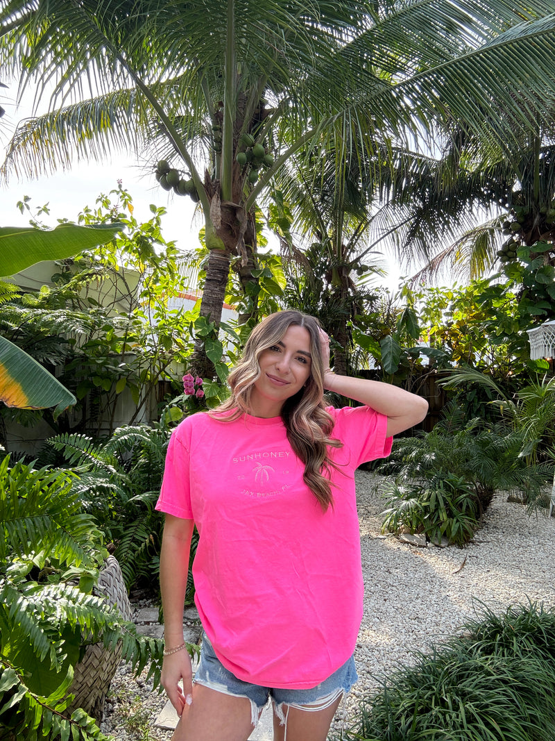 Sunhoney Summer Embroidered T-shirt - Neon Pink