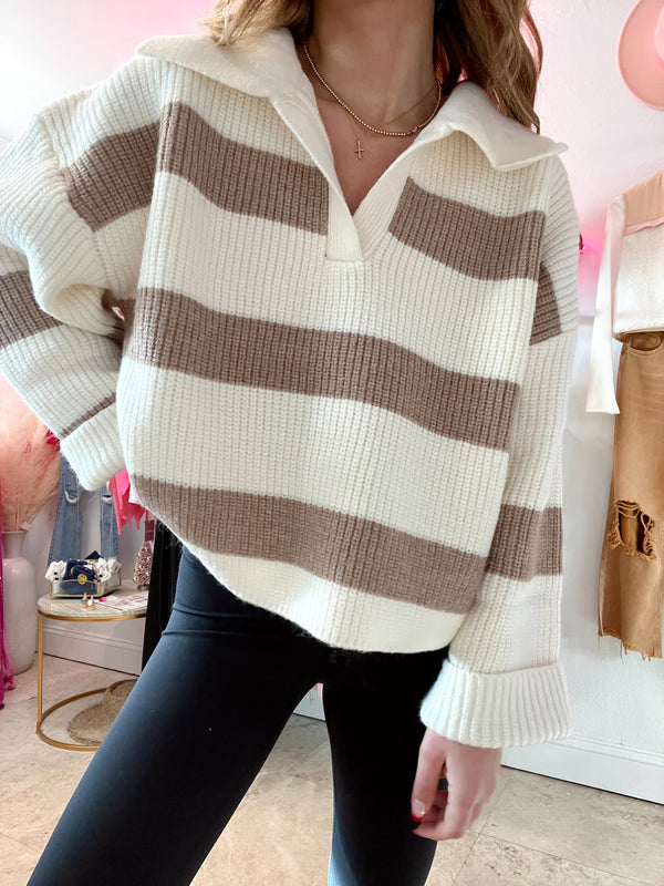 Cozy Girl Era Stripe Sweater - Taupe