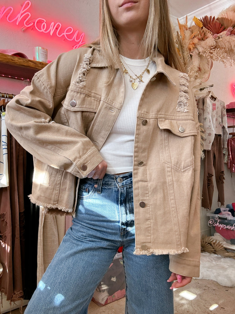 Cool Girl Taupe Distressed Denim Jacket