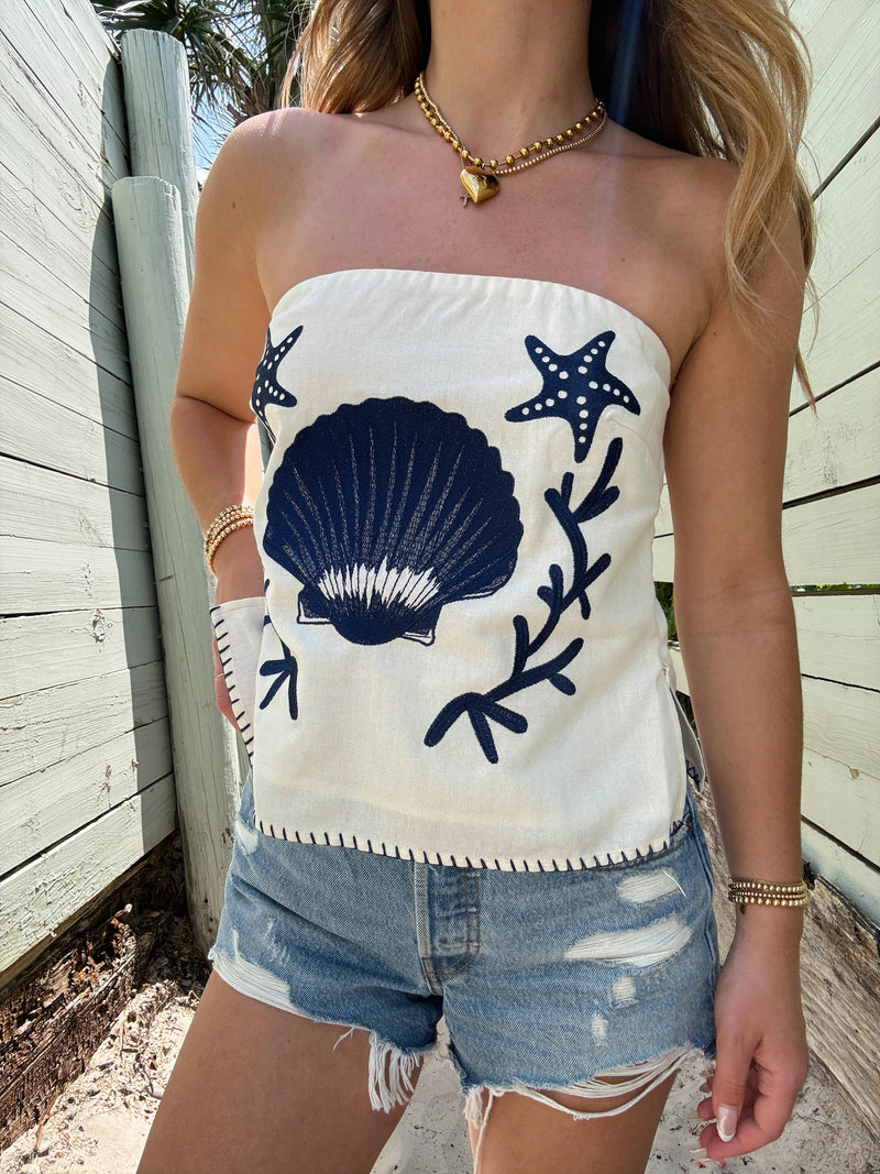 Shore Thing Embroidered Shell Linen Top