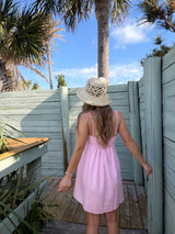 Keep Palm Embroidered Pink Linen Mini Dress